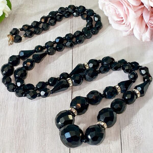 Art Deco French Jet Black Glass Beaded Rhinestone Necklace